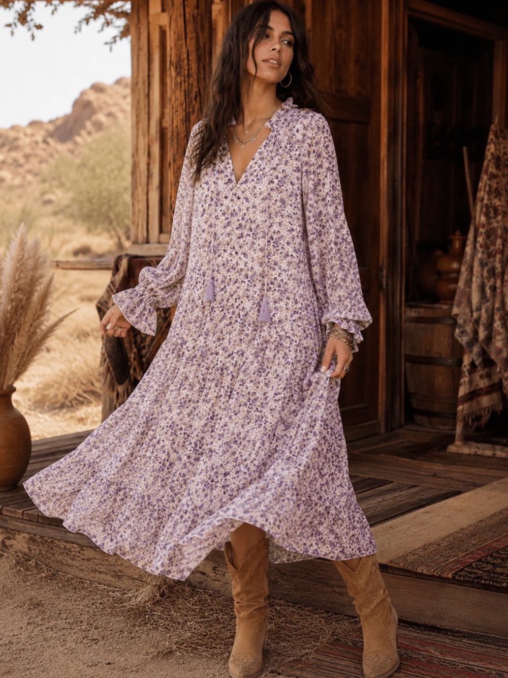 Boho Floral Tiered Midi Dress in Lilac 💜 ☮️ - Picture 1 of 3